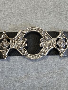 Vintage Chico's Black Stretch Wide BOHO Cinch Belt w/Oversized Ornate Buckle Med